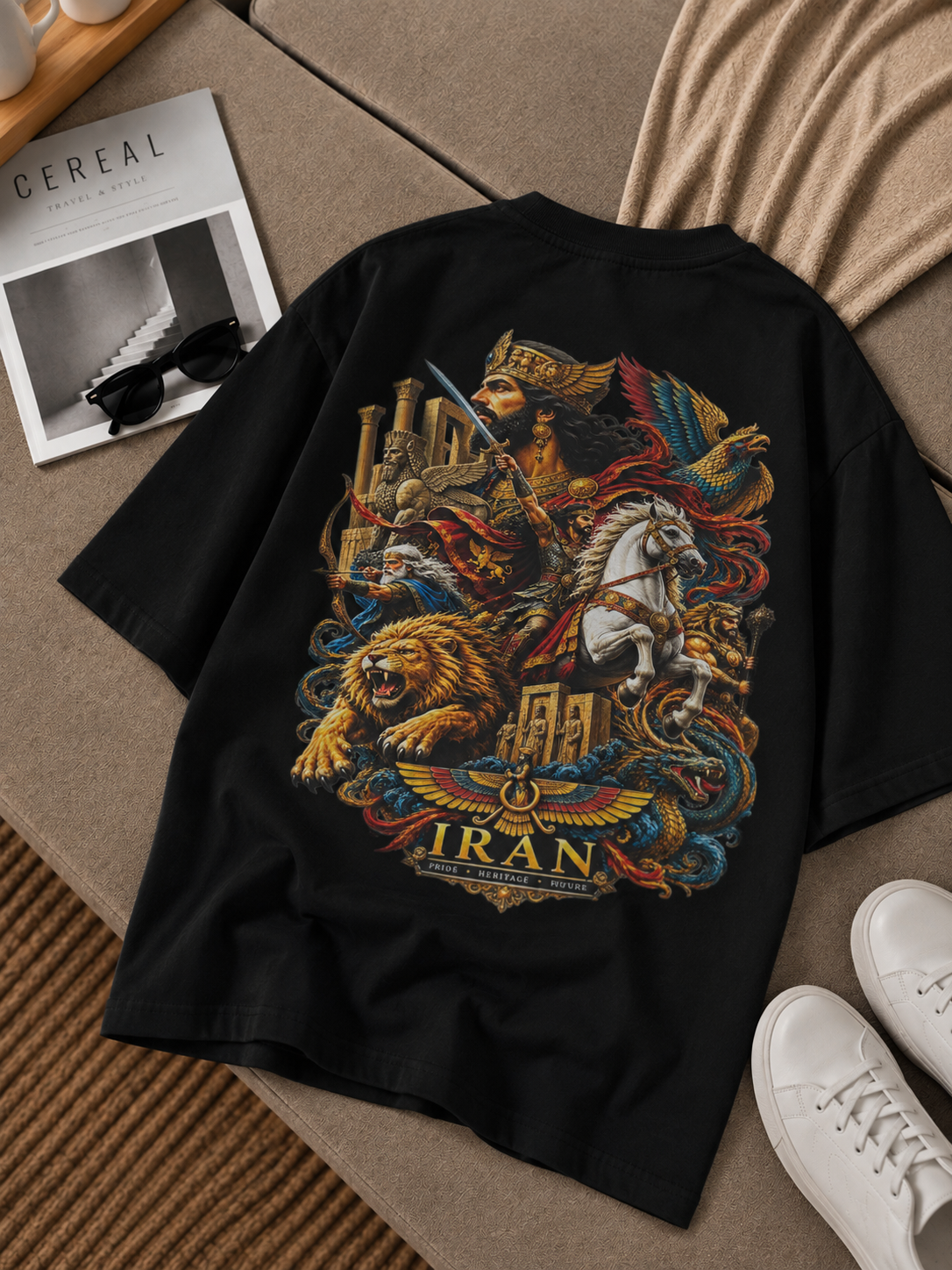 تیشرت باکسی طرح ایران باستان TAN - کالکشن The Vintage Club، دونخ گرم بالا
